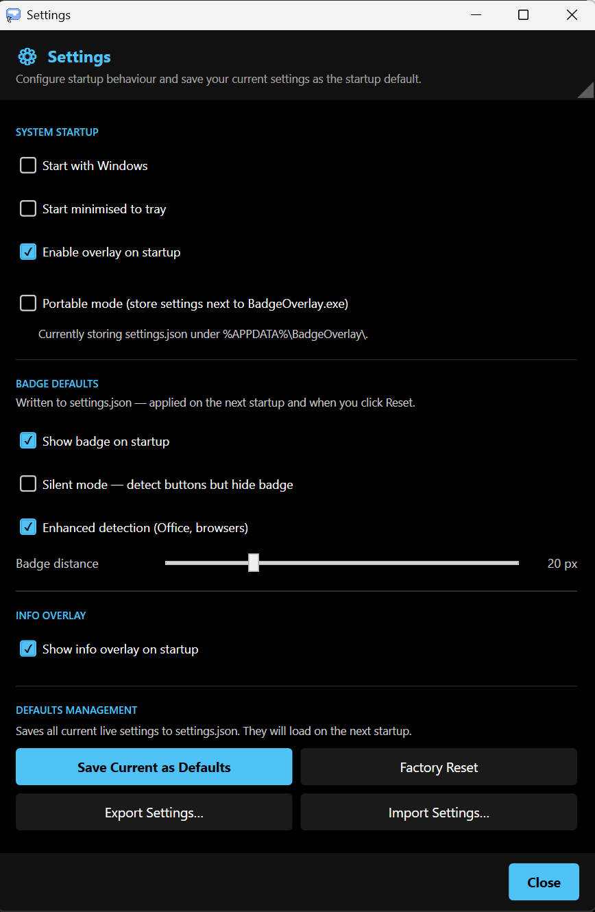 Settings panel