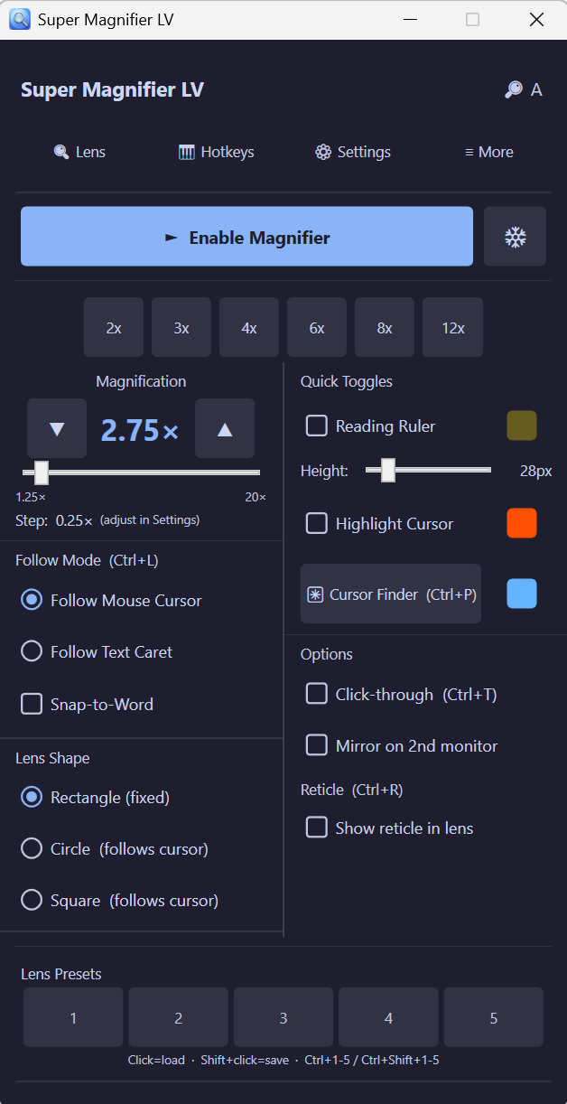 SuperMagnifier LV interface
