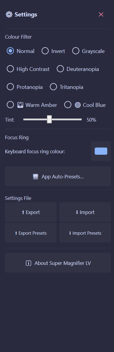Colour filters and more settings