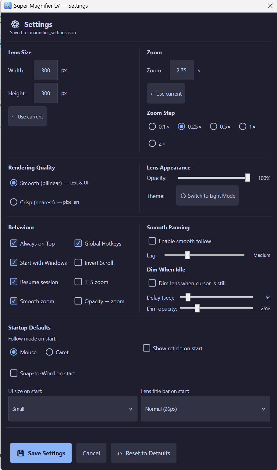 Settings panel