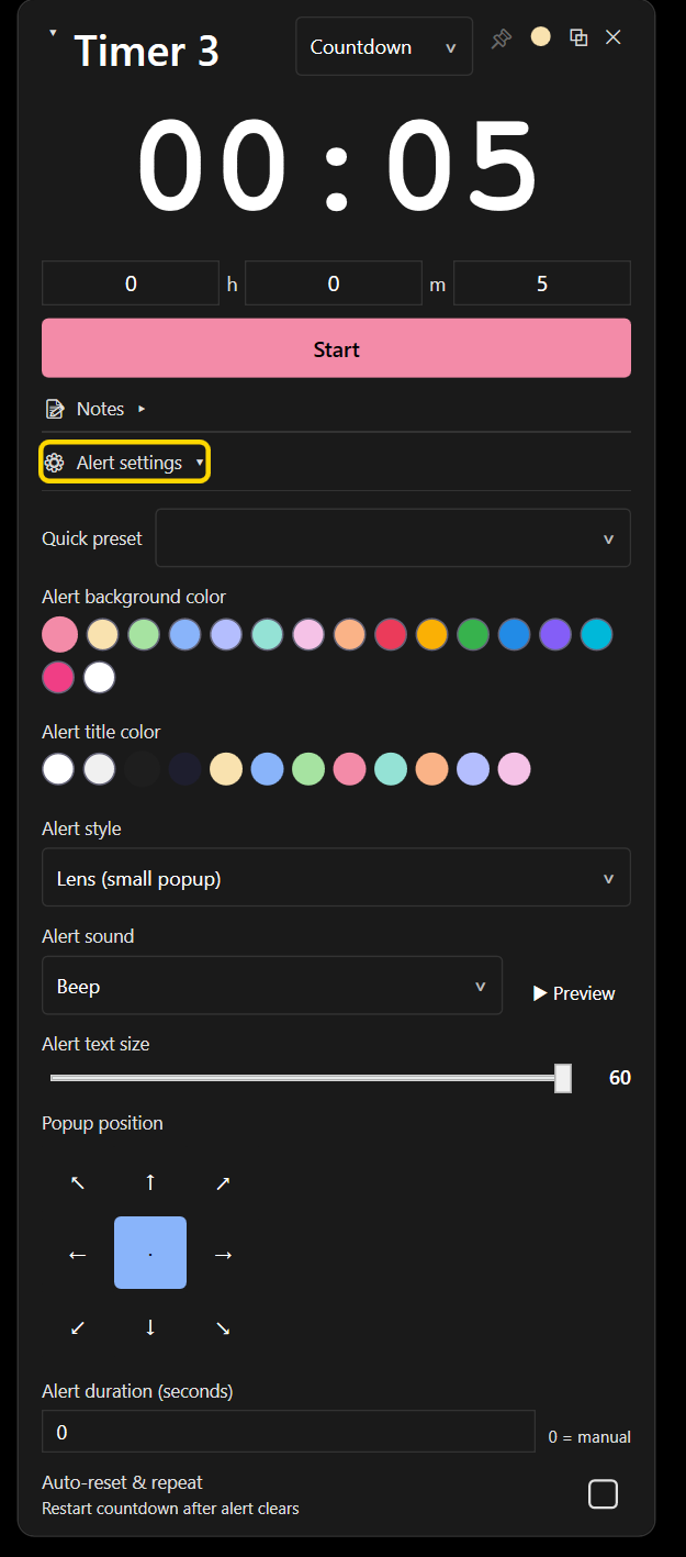 Countdown timer with alert settings